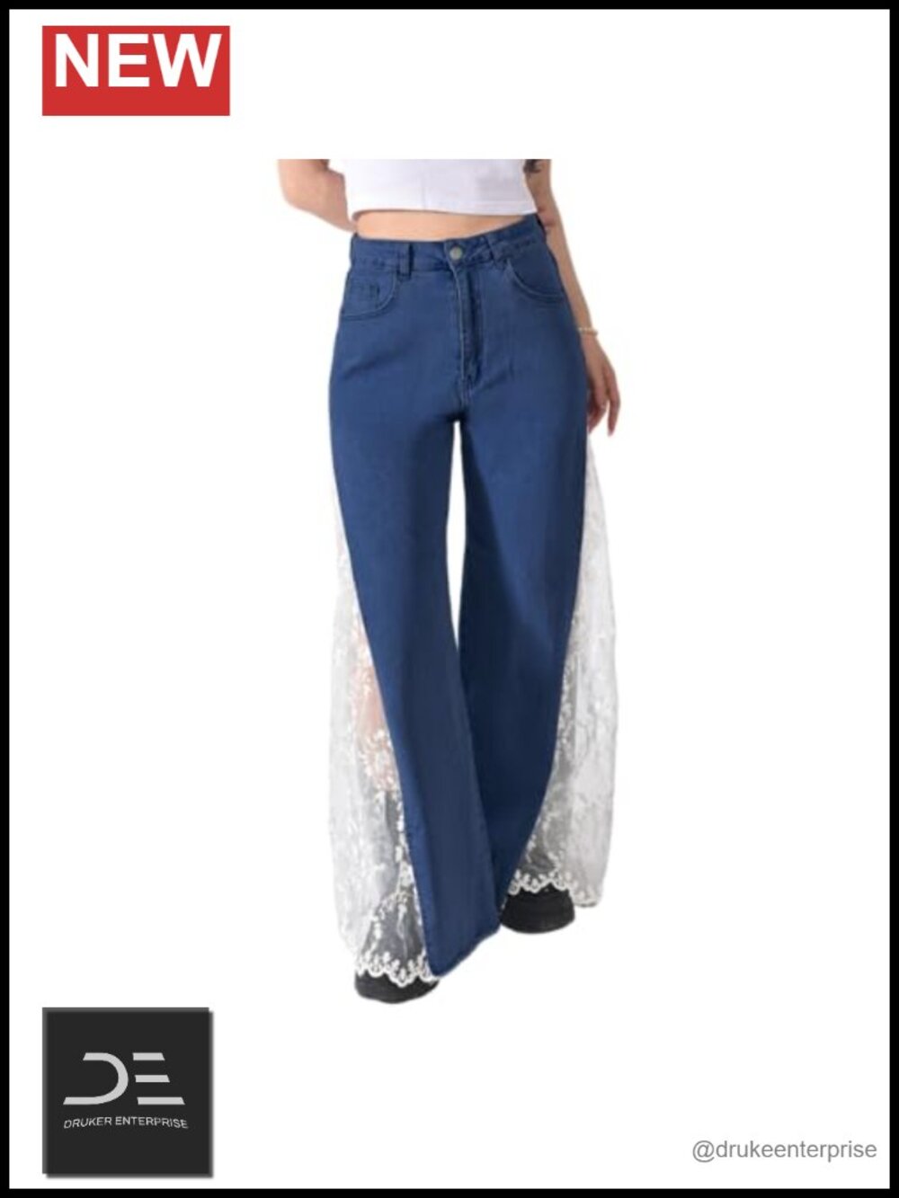 High Waisted Straight Wide Leg Patchwork Denim Jeans with Lace